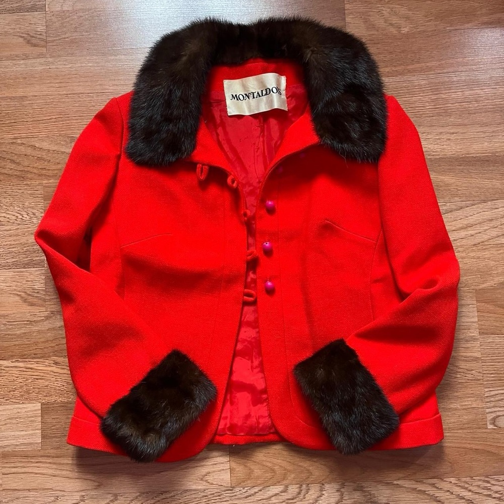 Red wool jacket with fur trim